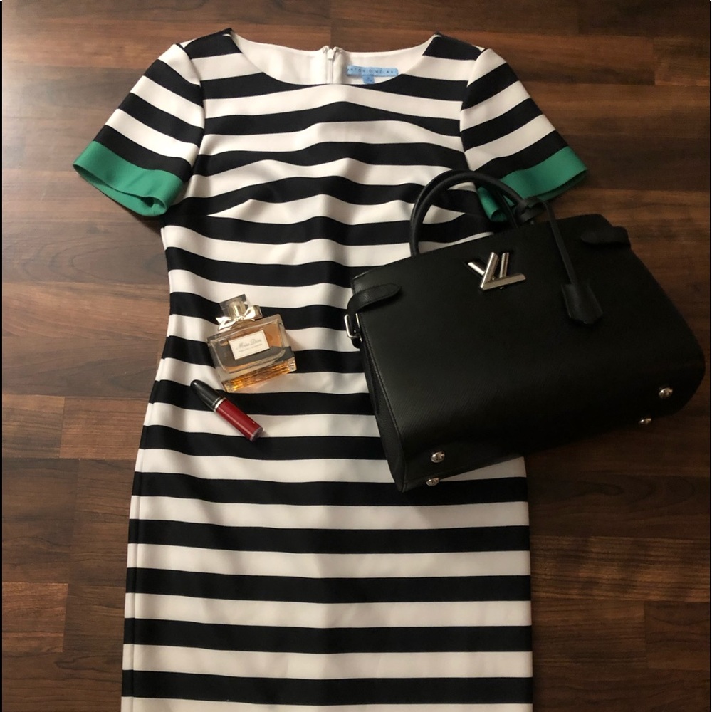 Antonio Melani black white green striped dress EUC